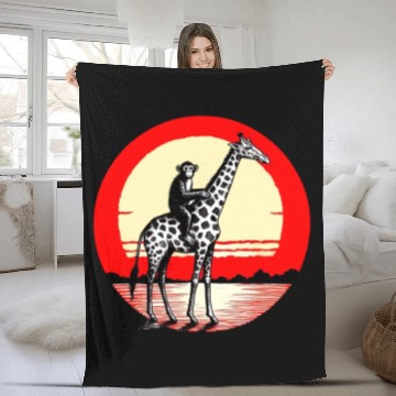Discover Sunset Safari: Monkey Riding Giraffe Fleece Blankets