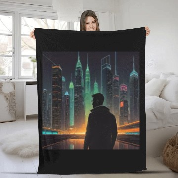 Discover Neon Horizon: A Futuristic Cityscape Fleece Blankets