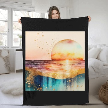 Discover Sunset Beach Watercolor Painting Fleece Blankets