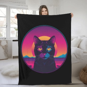Discover Synthwave Black Cat Fleece Blankets