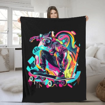 Discover Radical Ride: Skateboarding Lemur in 80s Pop Art Fleece Blankets