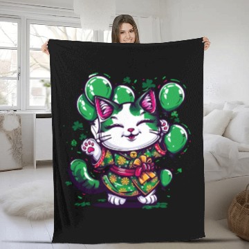 Discover Kawaii St Patricks Day Cat With Balloons Fleece Blankets