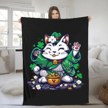 Discover Kawaii St Patricks Day Cat With a Pot Of Gold Fleece Blankets