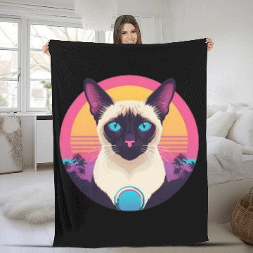 Discover Synthwave Siamese Cat Fleece Blankets