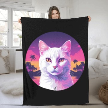 Discover Synthwave White Cat 2 Fleece Blankets