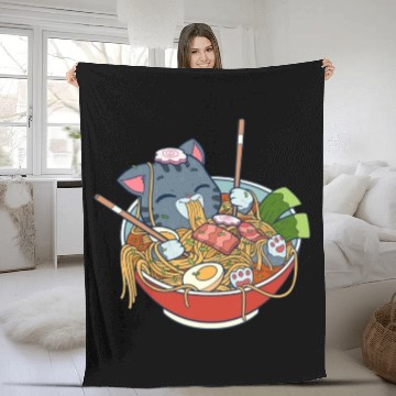 Discover cat eating ramen Fleece Blankets