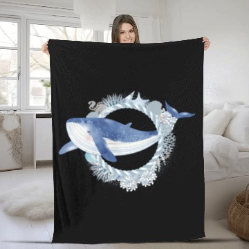 Discover blue whale fish in coral reef in watercolor style Fleece Blankets