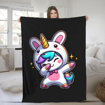 Discover Cute Kawaii Dabbing Unicorn Wearing Easter Bunny Fleece Blankets