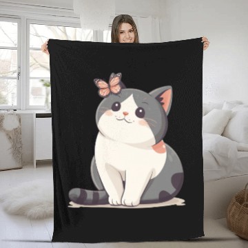 Discover Cute Kawaii Cat and Butterfly Fleece Blankets