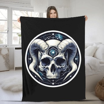 Discover Cosmic Nirvana Serenity: Horned Skull Fleece Blankets