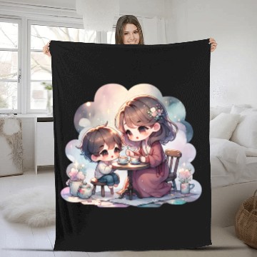 Discover Mother and Son Enjoying a Cozy Tea Party Fleece Blankets