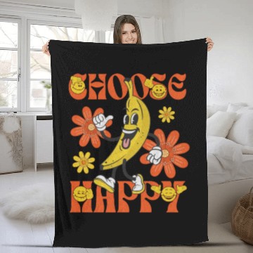 Discover Choose Happy Retro Banana Mascot Fleece Blankets