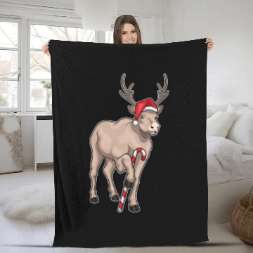 Discover Reindeer Christmas Candy cane Fleece Blankets