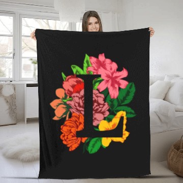 Discover Capital letter L monogram with peony, lily flowers Fleece Blankets