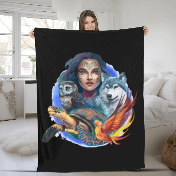 Discover Wildlife Tribal Wolf Owl Turtle Woman for a Fleece Blankets
