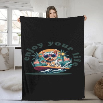 Discover Enjoy Your Life: Yorkie Dog Surfing Premium Cotton Fleece Blankets