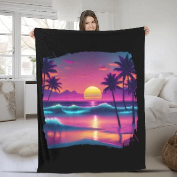 Discover 80s AI Airbrushed Beach Scene -Kids Fleece Blankets