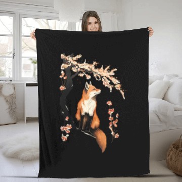 Discover Fox & Sakura: Wildlife and Spring Scenery Cherry Fleece Blankets
