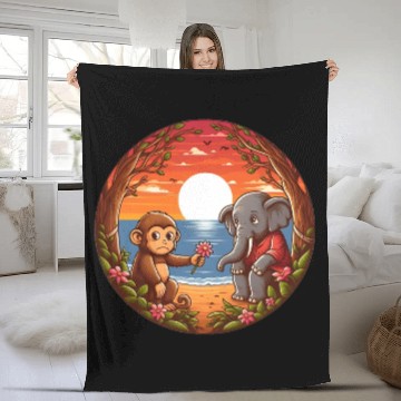 Discover Monkey Gifting Flower to Shy Elephant Fleece Blankets