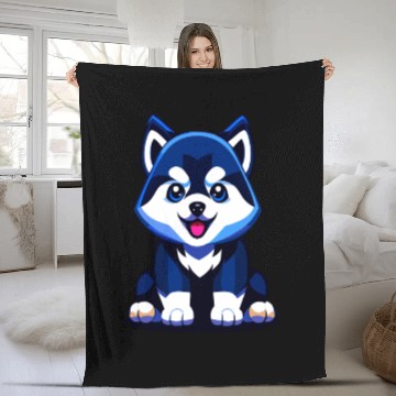 Discover Cute Husky Puppy Illustration Fleece Blankets