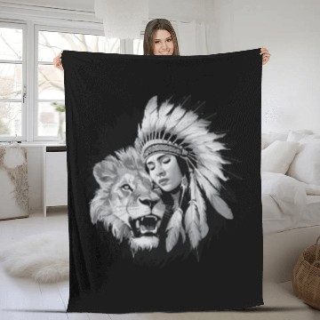 Discover Native American woman and a majestic lion Fleece Blankets