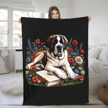 Discover Wildflower St Bernard Reading Book Dog Puppy Lover Fleece Blankets