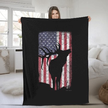Discover Elk Hunting Bugling Bull US Flag American Fleece Blankets
