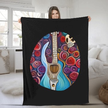 Discover Blue Electric Guitar, Skull and Roses Fleece Blankets