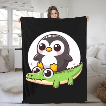 Discover Penguin on crocodile safar Fleece Blankets