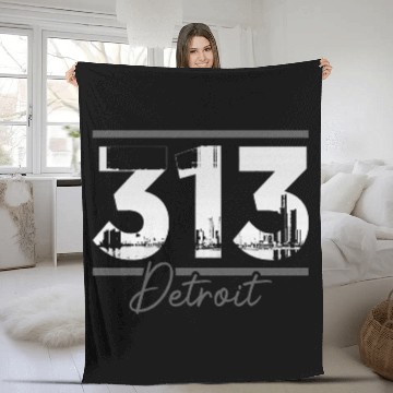 Discover Detroit 313 Area Code Skyline Michigan Fleece Blankets
