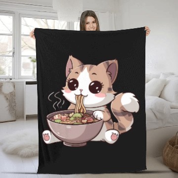 Discover Kawaii Cat Eating Ramen Fleece Blankets