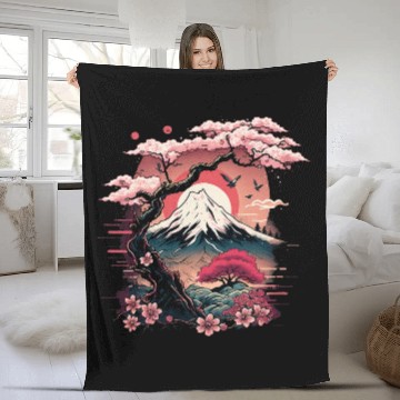 Discover Japanese Sakura Garden Geisha Mount Fuji Cherry Fleece Blankets