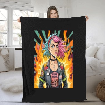 Discover Flames of Punk Rock Girl Fleece Blankets