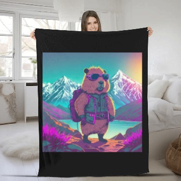 Discover Capybara hiking thru the Mountains Fleece Blankets