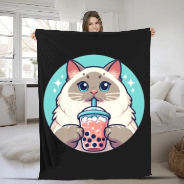 Discover Siamese cat having bubble tea Fleece Blankets