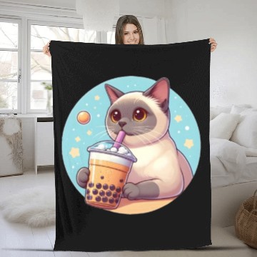 Discover Siamese cat having bubble tea Fleece Blankets