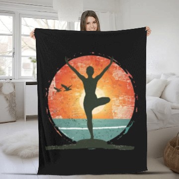 Discover Sunset Yoga Silhouette Peaceful Scene Fleece Blankets