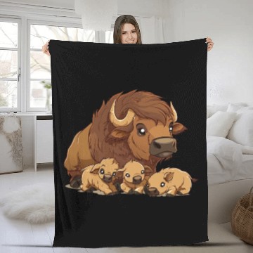 Discover Cute Buffalo Mother Protecting her Buffalo Babies Fleece Blankets