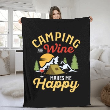 Discover Camping and wine makes me happy Outdoor Camper Fleece Blankets