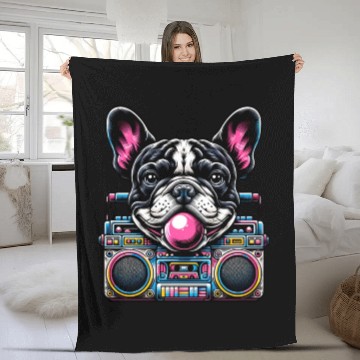 Discover Frenchie Beats: French Bulldog with Music Boom Box Fleece Blankets