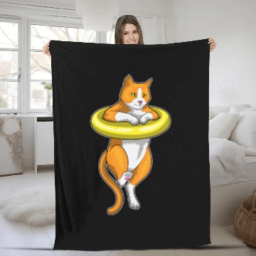 Discover Cat Swimming Swim ring Fleece Blankets