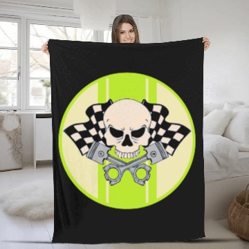 Discover Light green racing stripe with skull and pistons Fleece Blankets