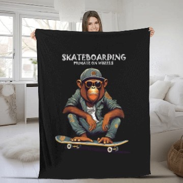 Discover Skateboarding Primate on Wheels Fleece Blankets