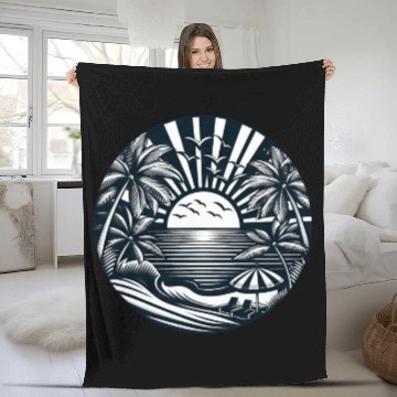 Discover Vacation summer sun beach palms silhouette Fleece Blankets