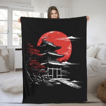 Discover Japanese Temple Red Moon Birds Flying Aesthetic Fleece Blankets