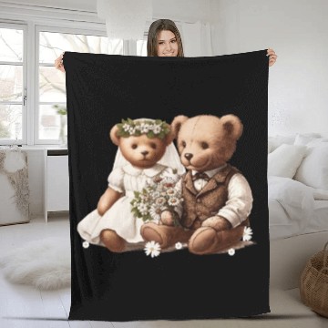Discover Vintage wedding: teddy bear bride and groom Fleece Blankets