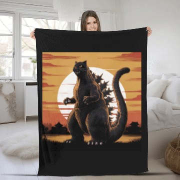 Discover Catzilla Cat Japanese Art Funny Cat Gifts Fleece Blankets