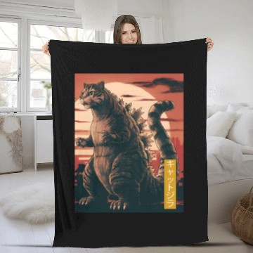 Discover Funny Cute Cat Art Japanese Sunset Retro Catzilla Fleece Blankets