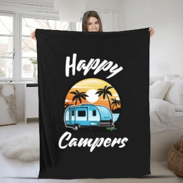 Discover Funny Camping Hiking Lover Present Happy Camper Fleece Blankets