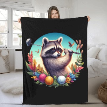 Discover Funny Raccoon Playing Golf Sporty Animal Lover Fleece Blankets